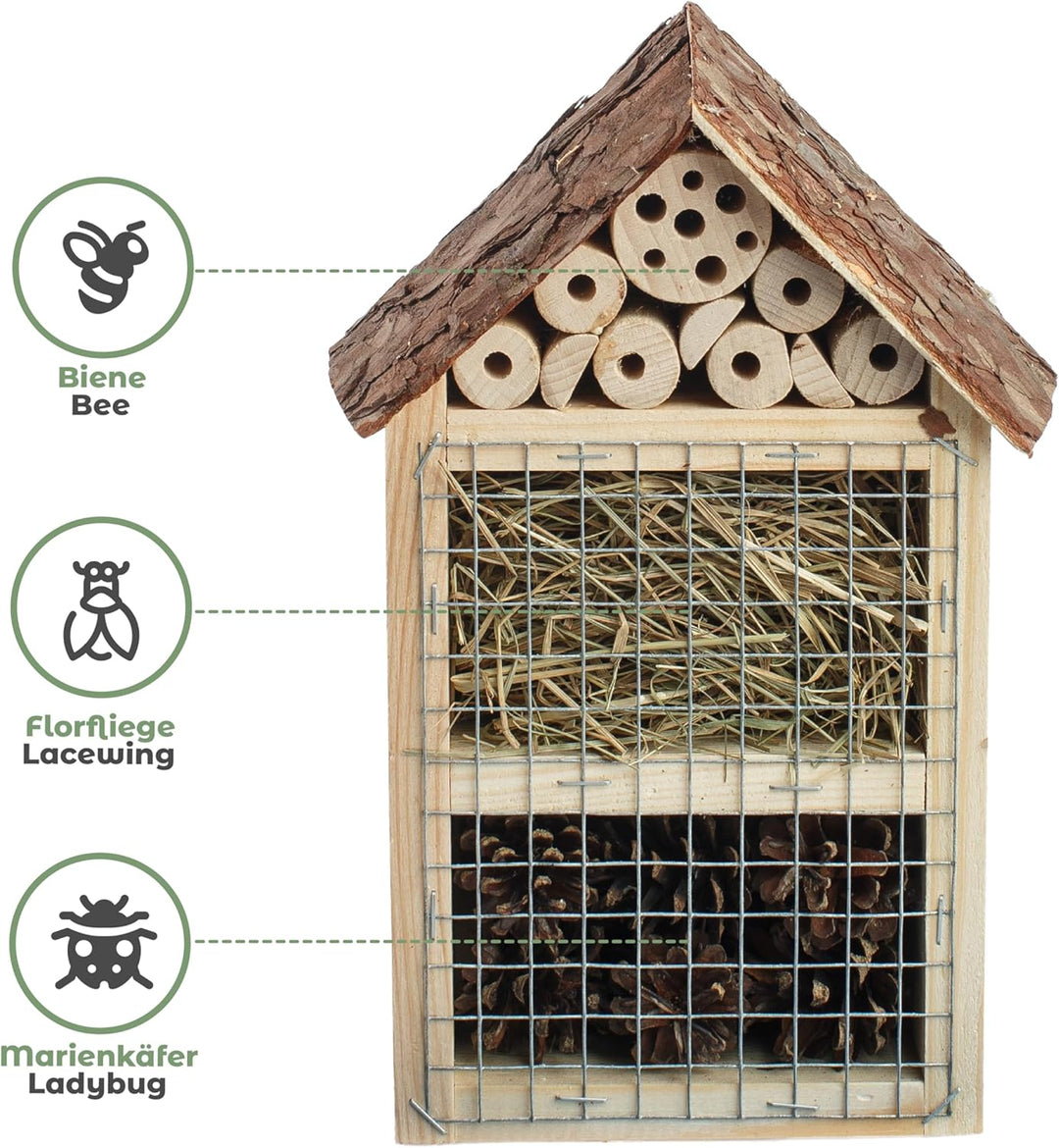 BOGATECO Bienenhotel Insektenhotel - unbehandelt, Bienenhaus aus Massiv-Holz für Bienen, Marienkäfer