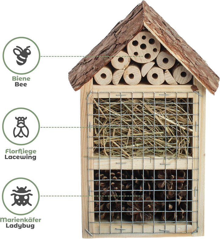 BOGATECO Bienenhotel Insektenhotel - unbehandelt, Bienenhaus aus Massiv-Holz für Bienen, Marienkäfer