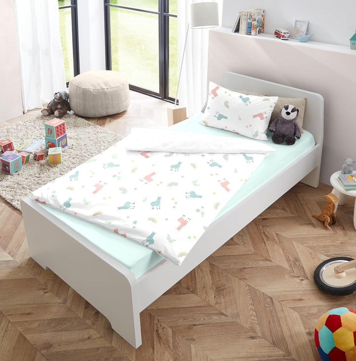 Soma Perkal Baby Wende Bettwäsche 100x135 cm Alpaka Lama Regenbogen weiss bunt Set inklusive passend