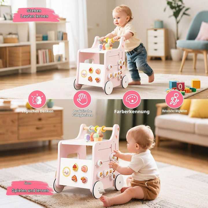 LIFEZEAL Lauflernhilfe Holz, Baby Lauflernwagen mit süssem Zubehör, Montessori Lauflernspielzeug mit