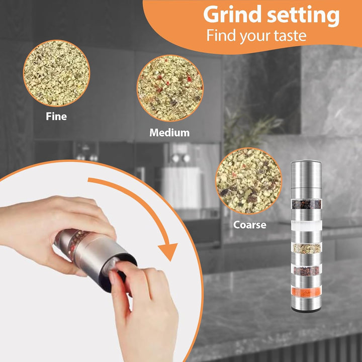 5 in 1 Gewürzstreuer, Edelstahl Gewürzmühle Set, Gewürzdosen Mini Gewürzmühle, Chef Mini Salz- und P