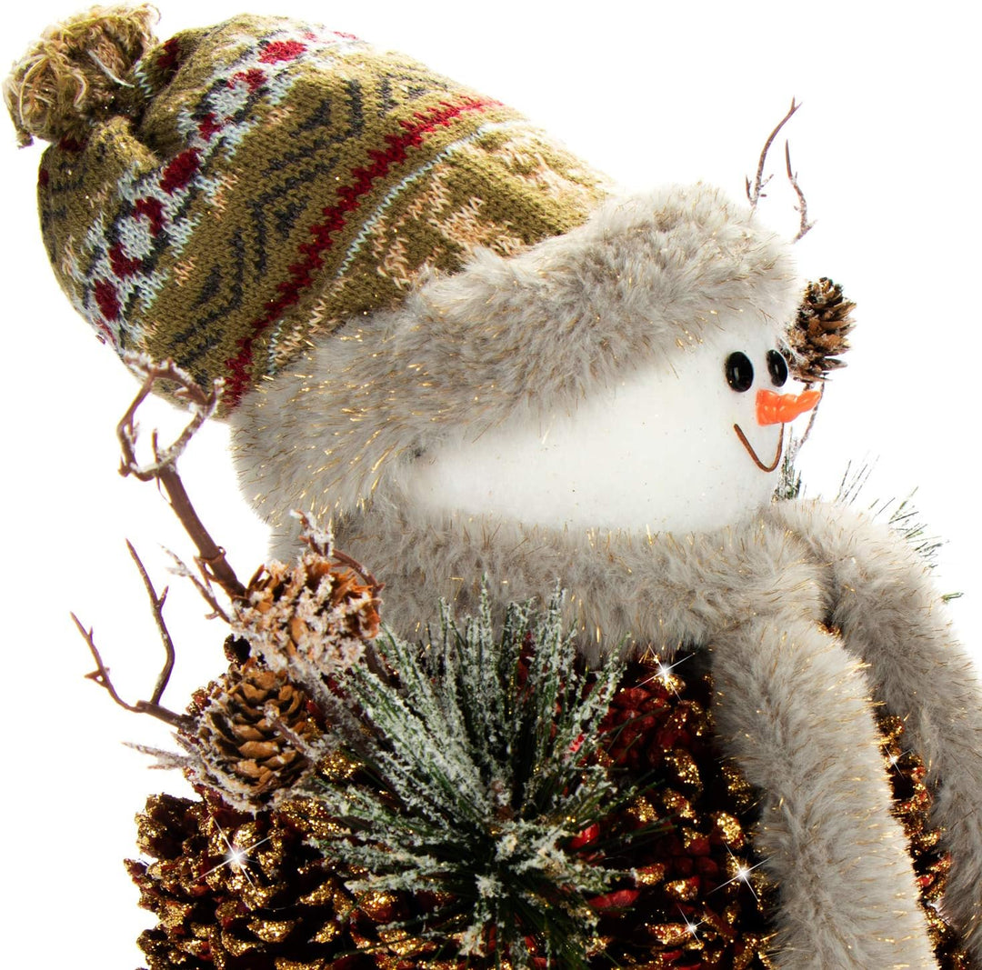 COM-FOUR® Schneemannfigur Grösse L Premium, winterliche Dekofigur mit Tannenzapfenkörper, Handmade l
