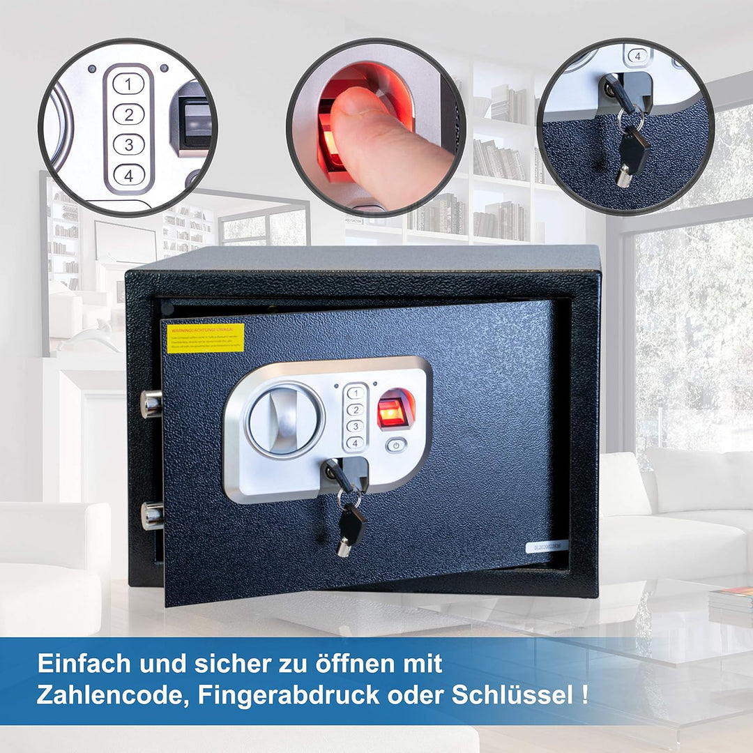 Anadol Tresor Deluxe, Elektronischer Safe mit Zahlenschloss, Fingerabdruck Sensor, Doppelbolzen Verr