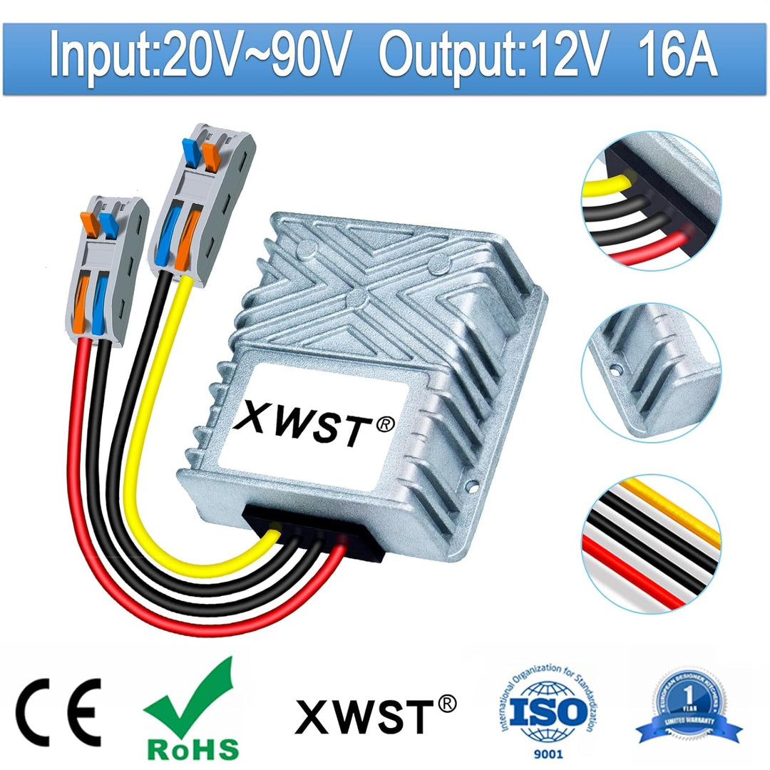 20-90V 24V36V48V60V72V80V auf 12V Spannungswandler, DC DC Wandler 16A 192W mit Schnellverbinder Kabe