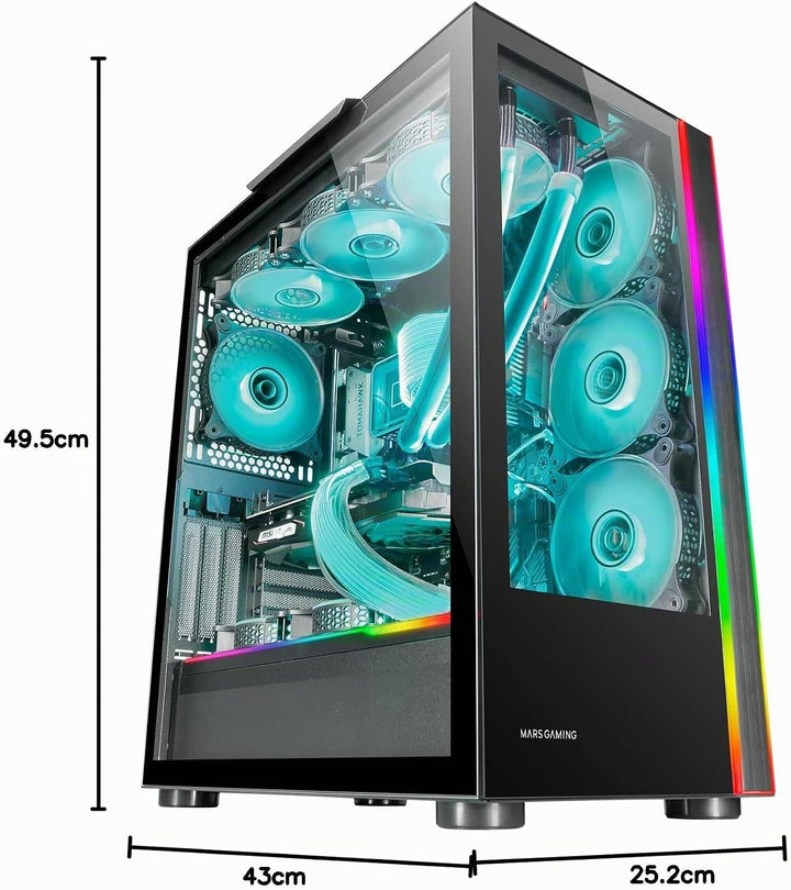 Mars Gaming MC-Ultra Schwarz, Gehäuse Custom XXL E-ATX, Dual ARGB LED-Streifen, Dual Gehärtete Glasf