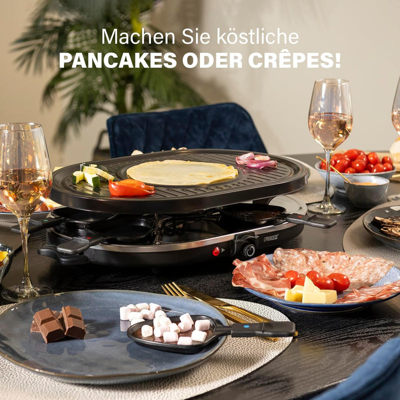 Princess Raclette Grill - Oval, 8 Pfannen, Multifunktionale Platte mit Crépes Bereich, 1200 Watt, 42