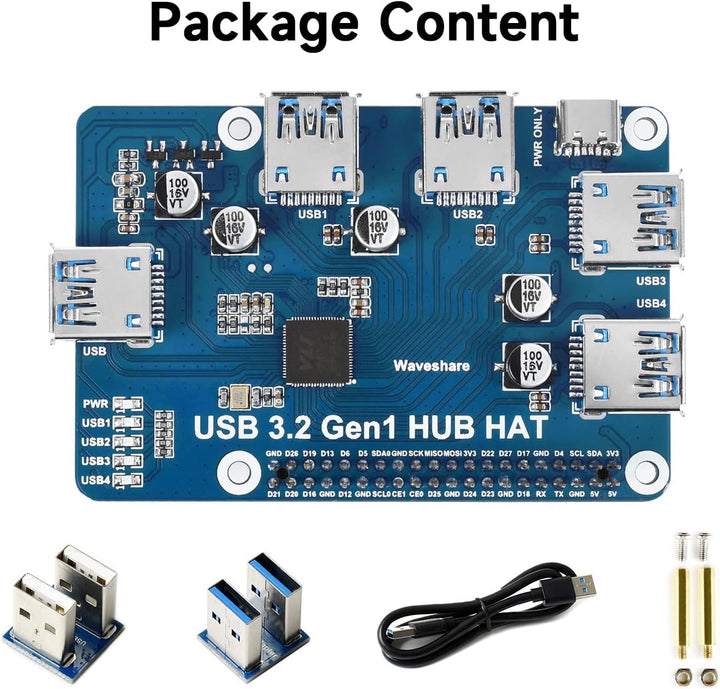 Waveshare USB 3.2 Gen1 HUB HAT for Raspberry Pi 4 with 4X USB 3.2 Gen1 Ports Up to 5 Gbps Data Rate