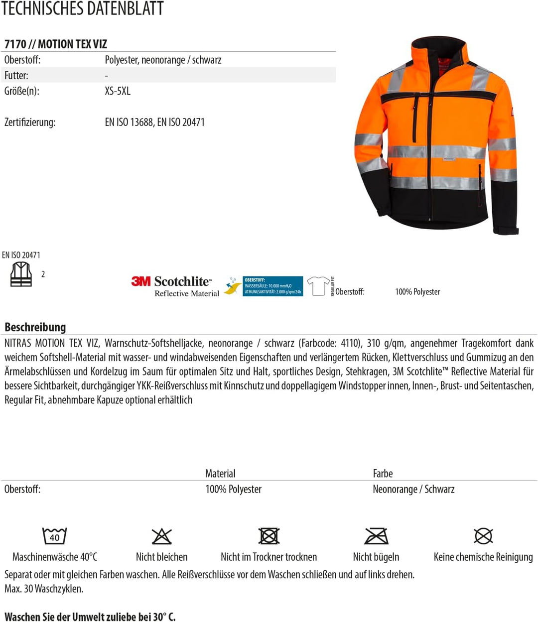 Nitras MOTION TEX VIZ Warnschutz Softshell-Jacke I Arbeitsjacke mit 3M Reflex-Streifen I Windbreaker