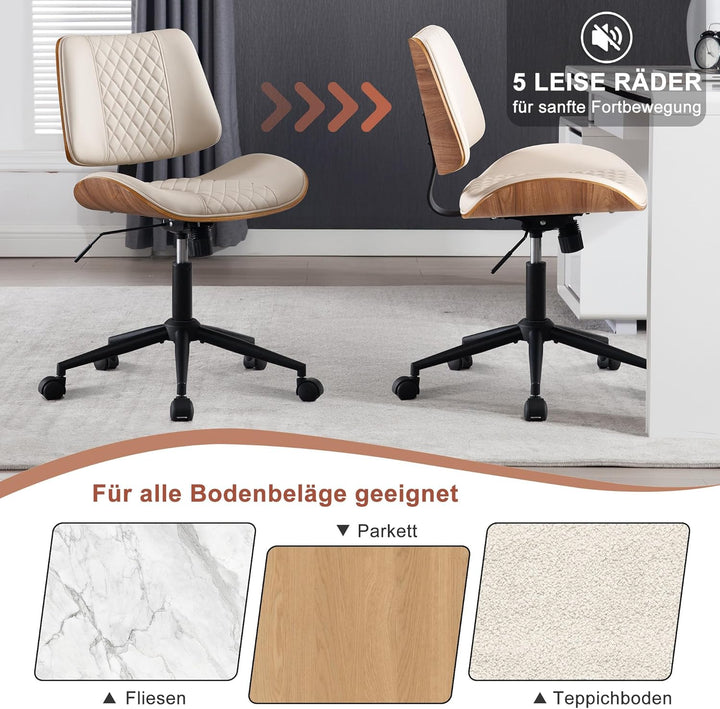 Bürostuhl ohne Armlehne Schreibtischstuhl Leder Holz Modern Homeoffice Chair Wippfunktion bis 136 kg
