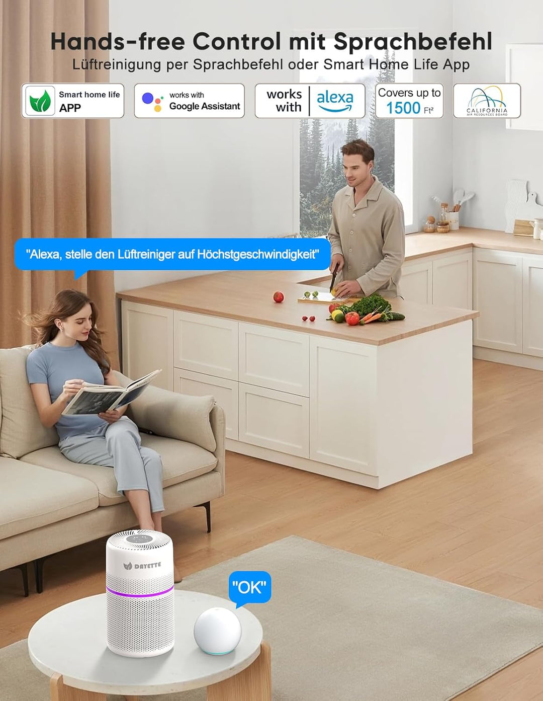 DAYETTE Luftreiniger für Schlafzimmer &amp; Allergiker | HEPA Filter gegen Pollen Staub Tierhaare Schimm