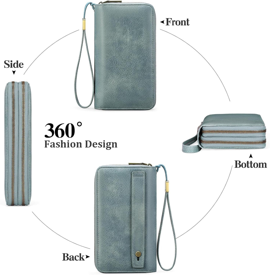 GAEKEAO Geldbörse Damen Gross, Portemonnaie Damen Veganes Leder Doppel Reissverschluss Kreditkartene