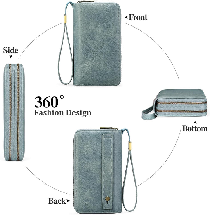 GAEKEAO Geldbörse Damen Gross, Portemonnaie Damen Veganes Leder Doppel Reissverschluss Kreditkartene