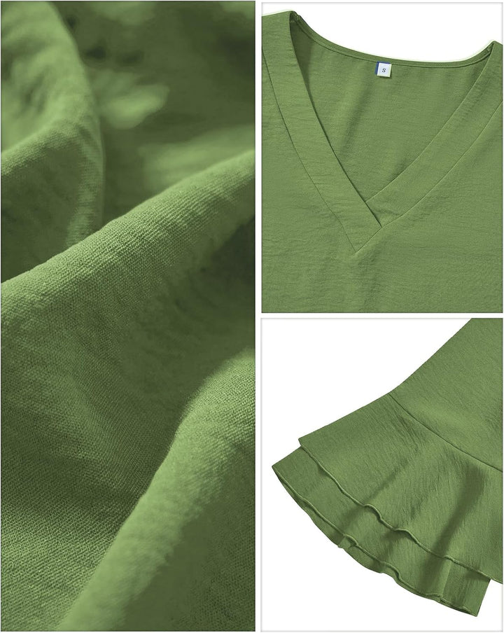 Tanmolo Damen Bluse Elegant V-Ausschnitt 3/4 Ärmel Lässige Blusen mit Rüschenärmel Tunika Tops Grasg