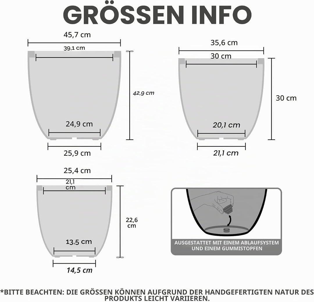 Kante 45,7 cm, 35,6 cm und 25,4 cm B verwitterter Beton, runde Pflanzgefässe (3 Stück), Moderne Pfla