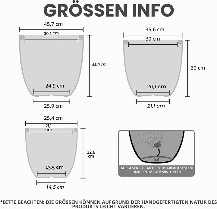Kante 45,7 cm, 35,6 cm und 25,4 cm B verwitterter Beton, runde Pflanzgefässe (3 Stück), Moderne Pfla