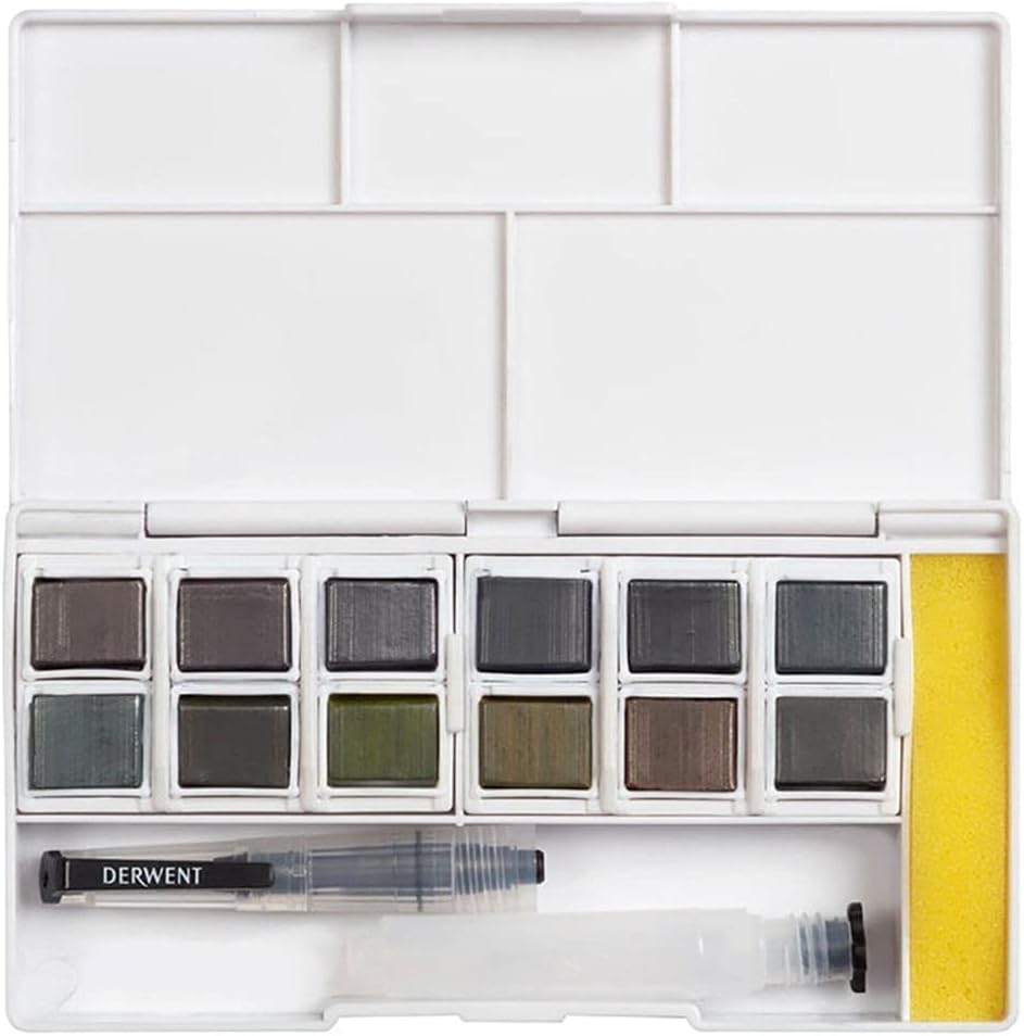 Derwent Graphitint Tragbare Palette mit 12 Farben, Paint Travel Set Palette, Wassertankpinsel & Schw