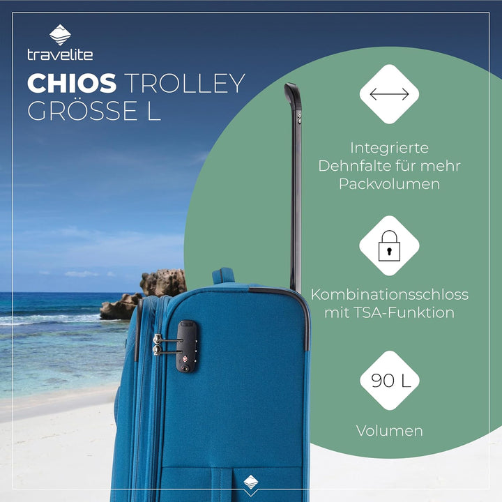 travelite 4-Rad Koffer Grösse L Weichschale, Gepäck Serie CHIOS mit Dehnfalte + Kantenschutz, Trolle