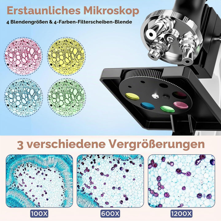 100X–1200X Entdecker Kinder Mikroskop Set mit Koffer: Natur unter dem mikroskop Schüler ab 6 Jahre –