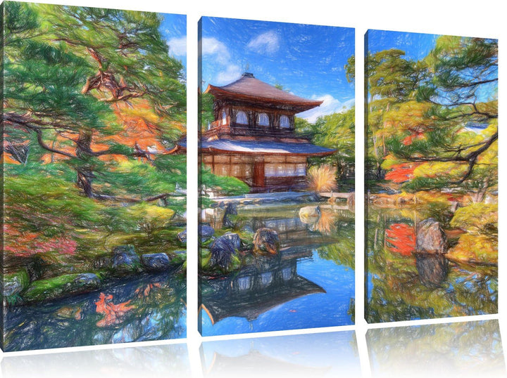 Pixxprint Ginkaku-ji-Tempel in Kyoto / 3-Teilig/Gesamtmass 120cm Leinwandbild bespannt auf Holzrahme