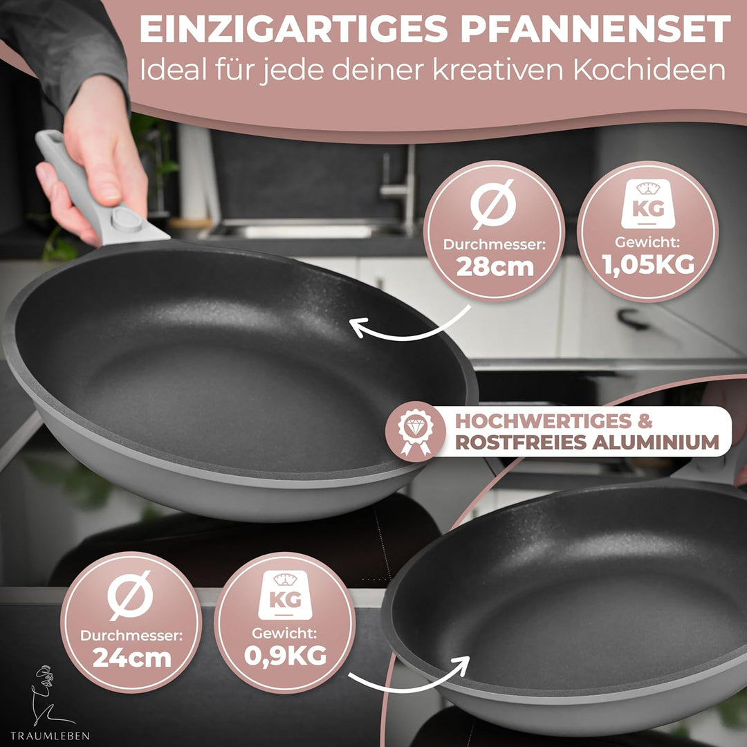 TRAUMLEBEN NEU Pfannenset 2-teilig 24, 28 cm mit abnehmbarem Griff, Antihaftbeschichtung, PFOA frei,