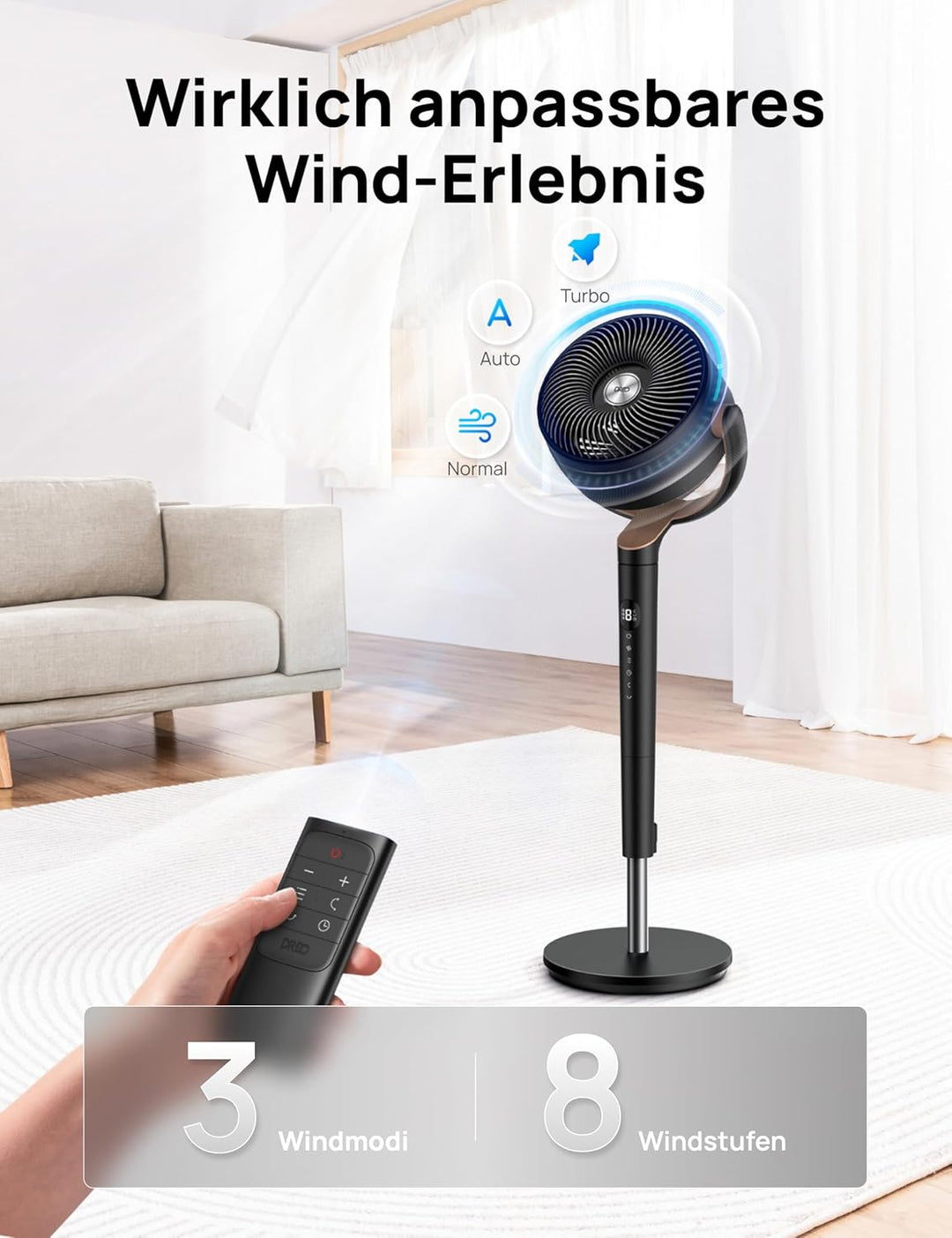 DREO 20dB leiser Standventilator, 120°+120° Omni-direktionale oszillierende Ventilator, 26M Windentf