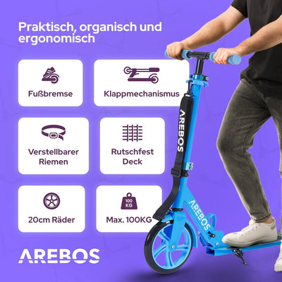 Arebos Cityroller Tretroller Scooter höhenverstellbar | klappbar | inkl. Traggurt | XXL Räder | Trit