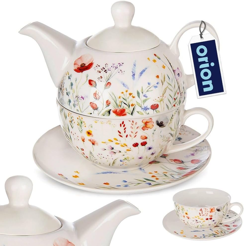 orion group Teekanne mit Tasse – 2-in-1 Set aus Porzellan mit Deckel & Untertasse – Ideal zum Servie