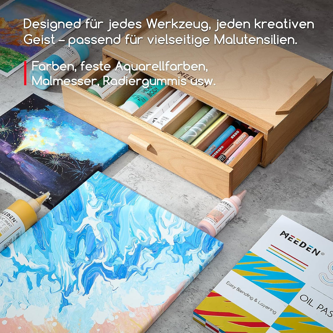 MEEDEN Aufbewahrungsbox für Künstlerbedarf: 1-stufige Kunstbox aus Massivem Buchenholz für Künstlerb