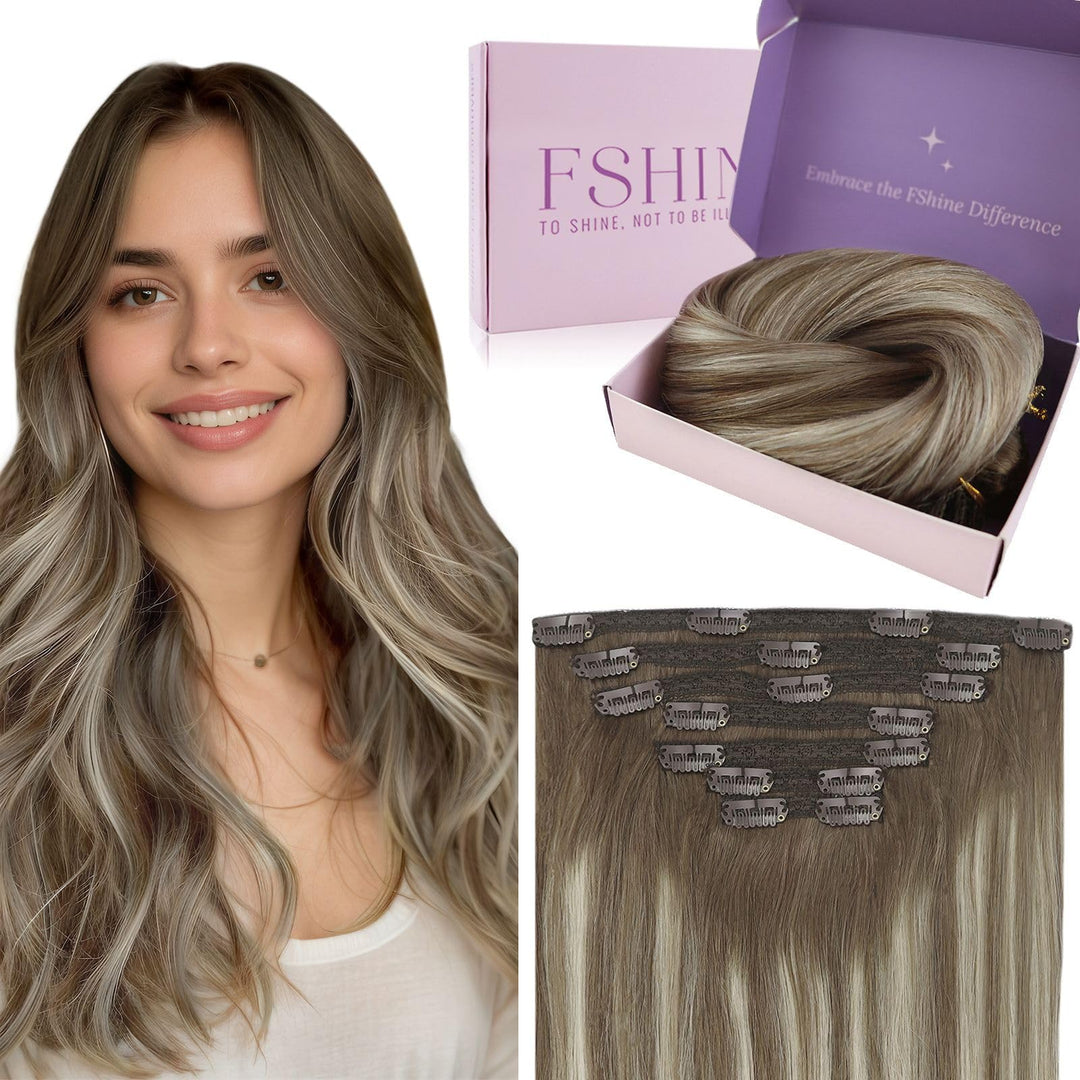 Fshine Clip in Extensions Echthaar 40cm 7 Stücke 120g Hair Extensions Clip in Echthaar Balayage Brau