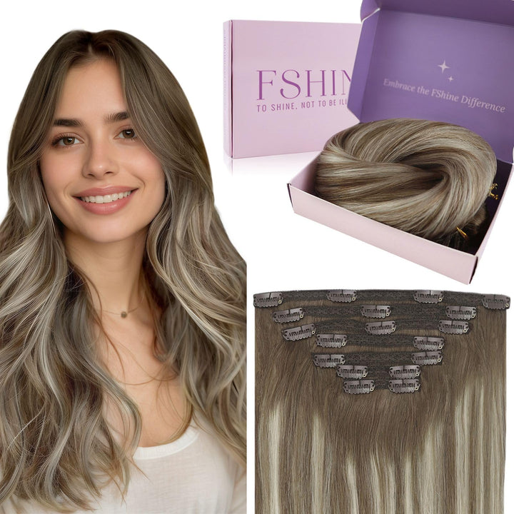 Fshine Clip in Extensions Echthaar 40cm 7 Stücke 120g Hair Extensions Clip in Echthaar Balayage Brau