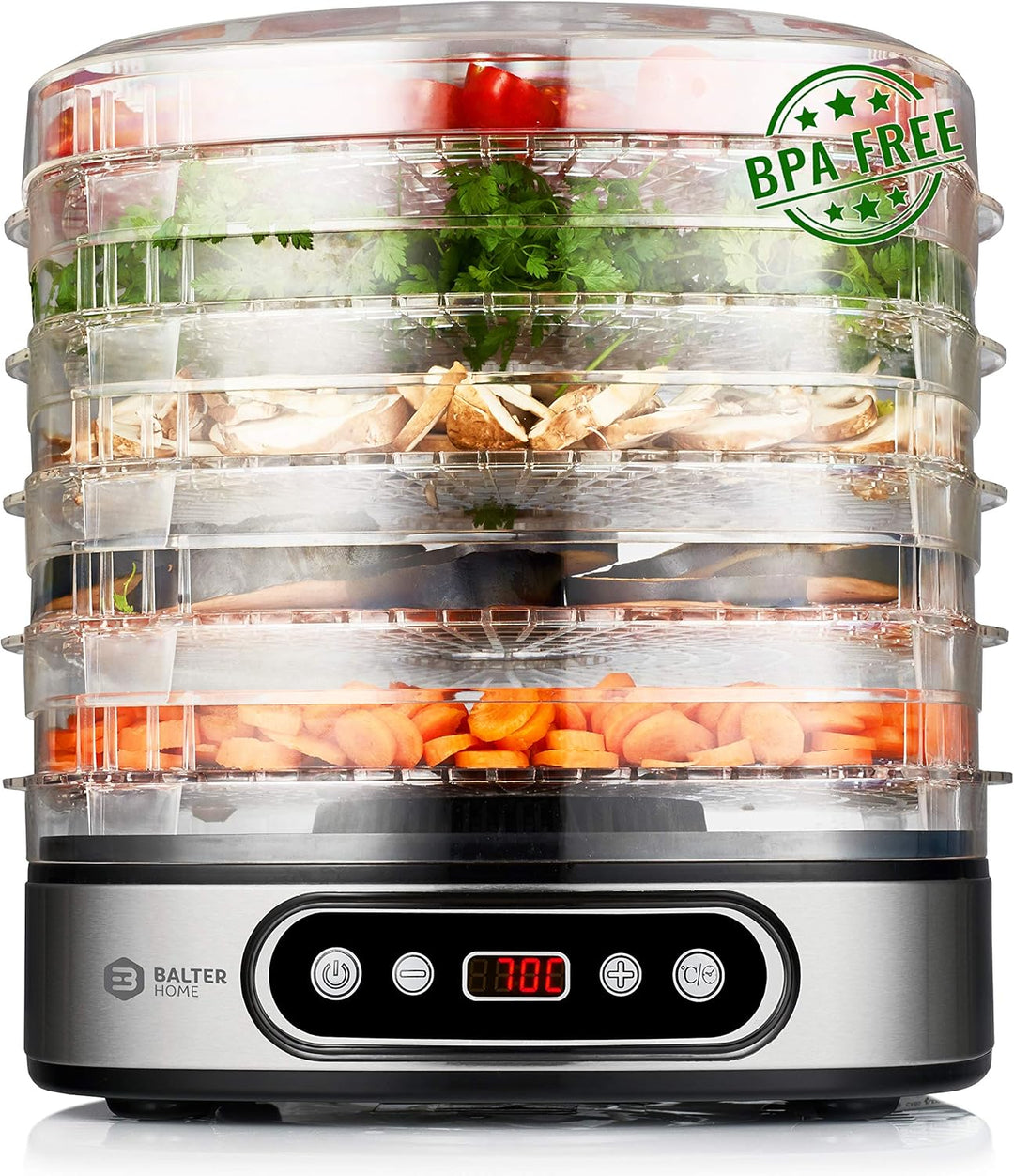 Balter Seco LCD Dörrgerät 500 W mit Temperatureinstellung Digital von 35-70°C 5 höhenverstellbare Et