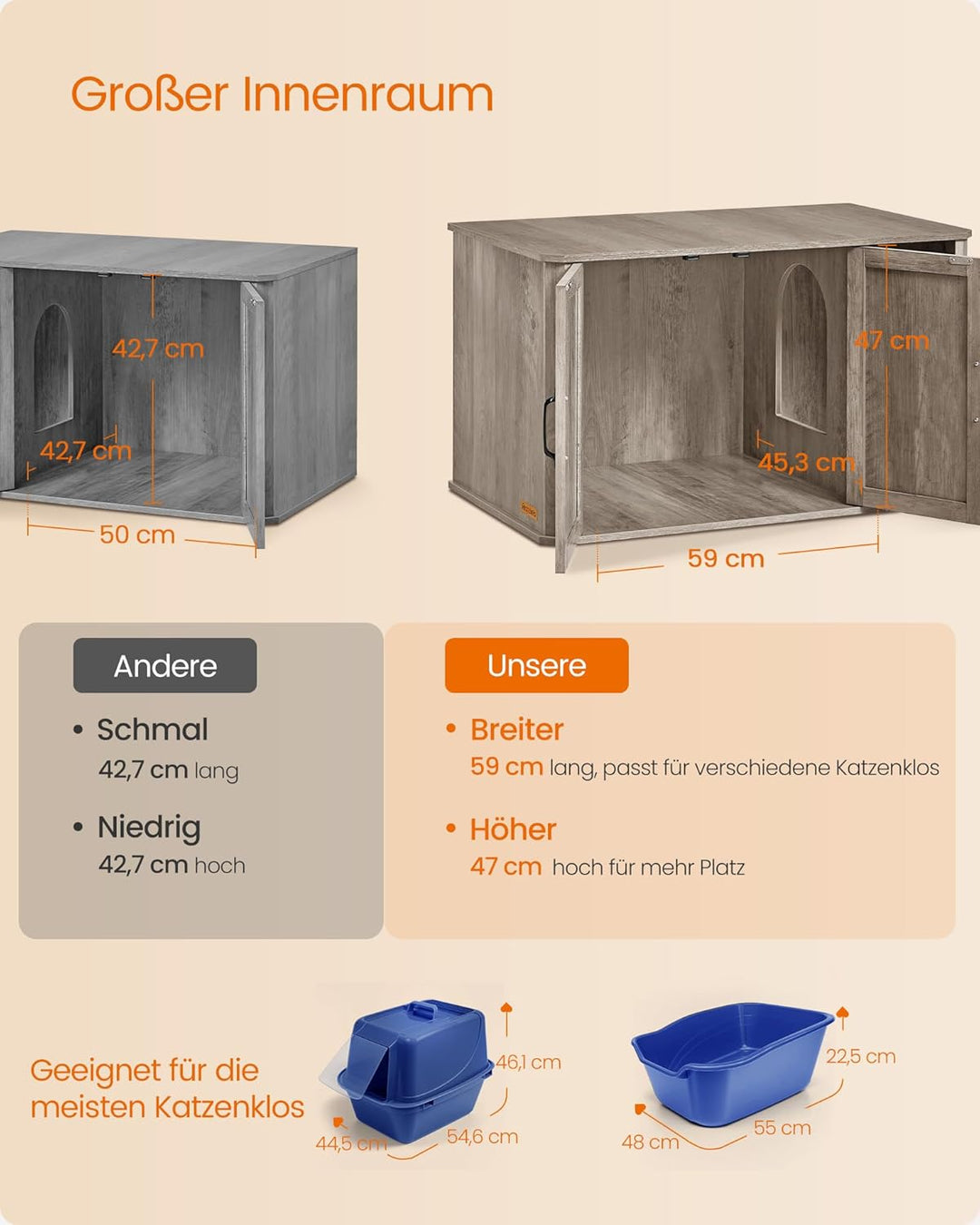 Feandrea Katzenhaus, Katzenklo-Schrank modern, Vordereingang, mit Doppeltür und Griffen, als Sideboa