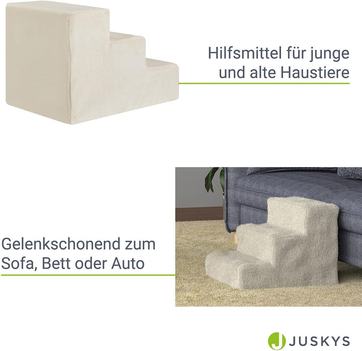 Juskys Haustiertreppe Hundetreppe 36 cm - Treppe 3 Stufen Plüsch-Bezug waschbar - Katzentreppe Hunde