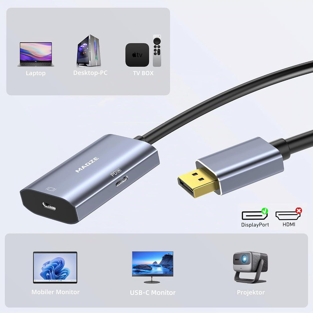 8K@30Hz / 4K@144Hz DisplayPort-auf-USB-C-Adapter mit PD 65W-Ladefunktion, Graphit-Kabel, DisplayPort