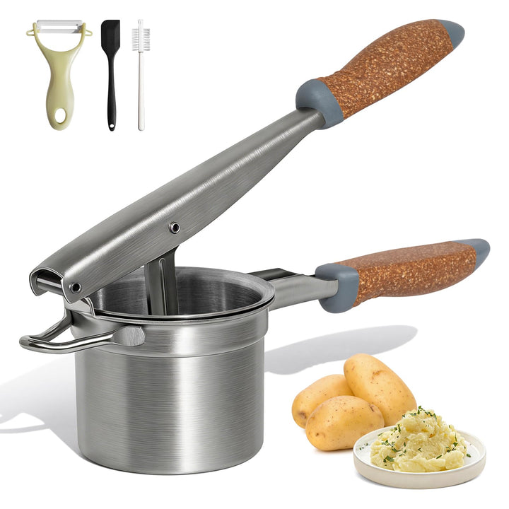 Kartoffelpresse Edelstahl mit fester Scheibe, Robuster Kartoffelstampfer mit Holz-Kunststoff-Griff,