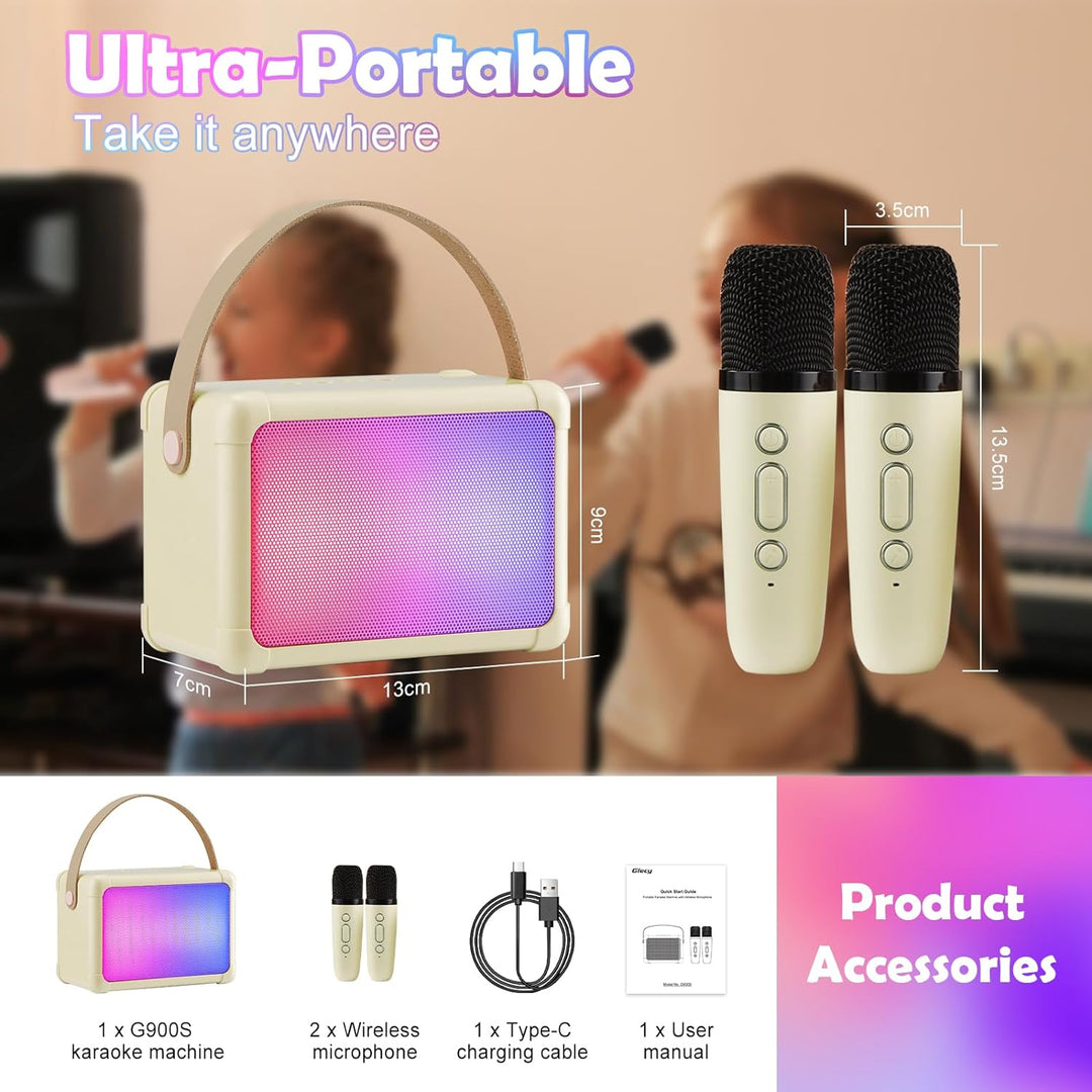 Giecy Karaoke-Maschine mit 2 mikrofonen, Mini Bluetooth Karaoke Anlage mit mikrofon Kinder, PA-Syste