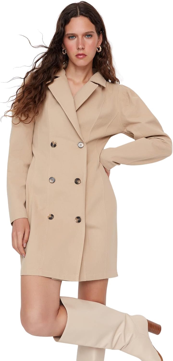 Trendyol Damen Woman Design Regular Blazer Fit V-Neck Woven Dress Kleid XS Kamel, XS Kamel
