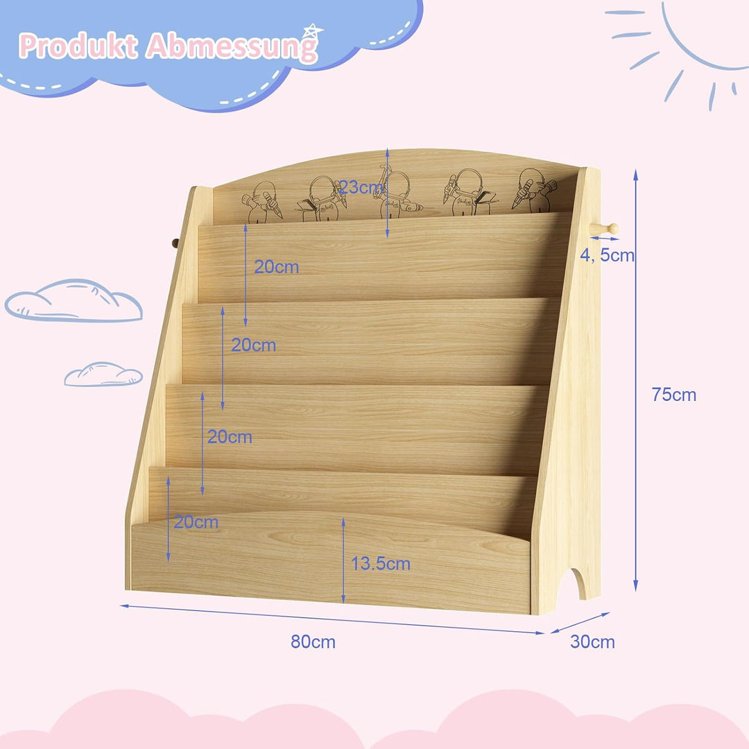 Kinder Bücherregal mit 5 offenen Fächern und Haken, Kinderregal Holz, Montessori Aufbewahrungsregal