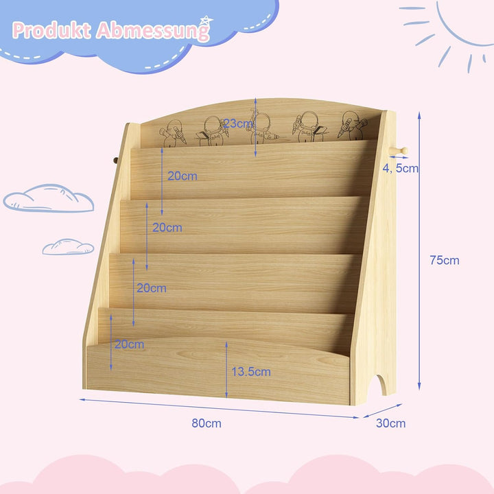 Kinder Bücherregal mit 5 offenen Fächern und Haken, Kinderregal Holz, Montessori Aufbewahrungsregal
