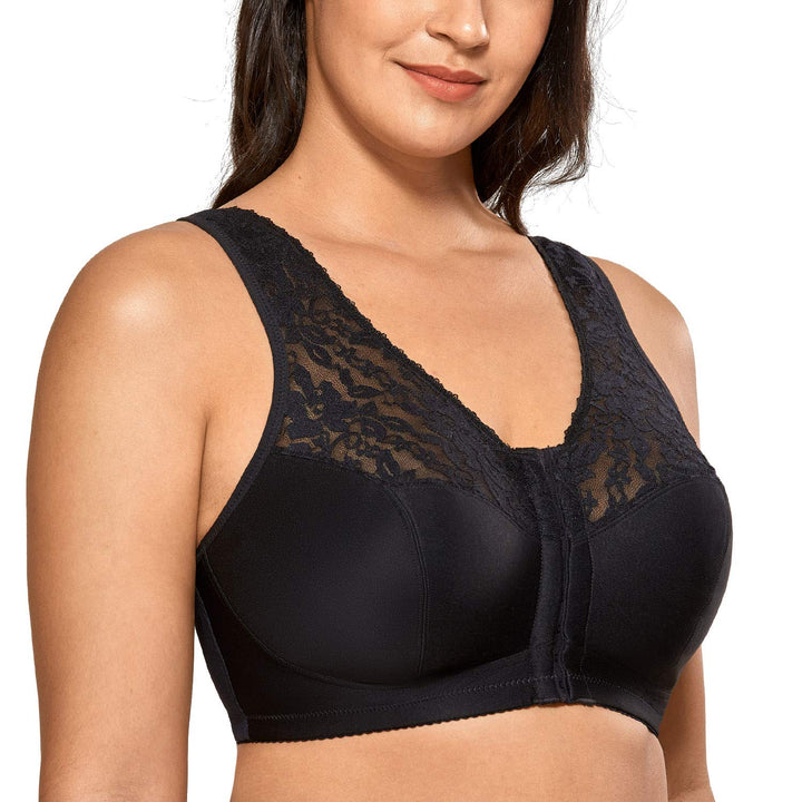 DELIMIRA Damen BH mit Vorderverschluss ohne Bügel Grosse Grössen Spitzen BH 75D Schwarz, 75D Schwarz