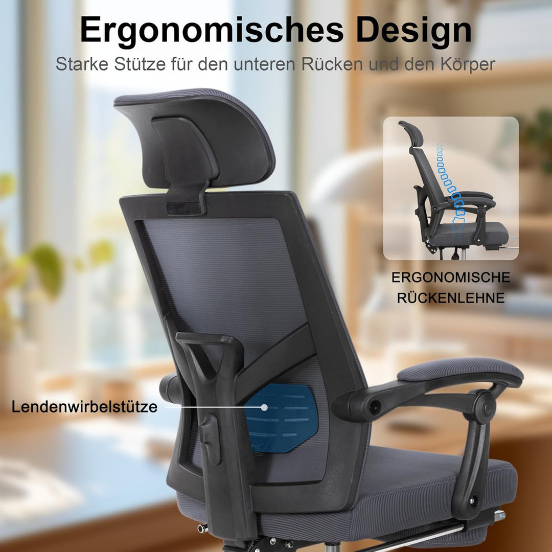 UEV Bürostuhl Ergonomisch, Drehstuhl, Schreibtischstuhl mit Verstellbarer Kopfstütze Lendenwirbelstü