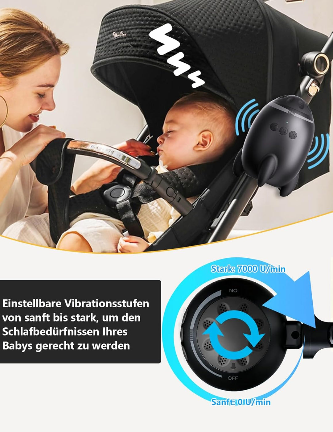 Kinderwagenschaukler, Wiederaufladbar Schlafhilfe für Baby mit 0-7000 U/min und Timer, kinderwagen S