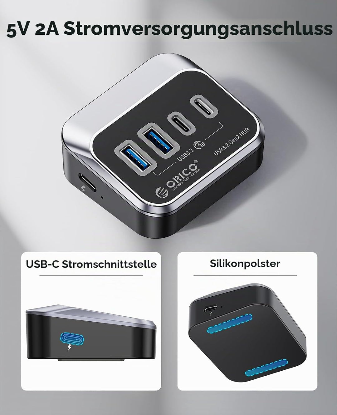 ORICO USB 3.2 Hub, USB 3.2 Gen 2 Hub mit 2 USB-A 3.2 Gen2 und 2 USB-C 3.2 Gen2, USB-Splitter kompati