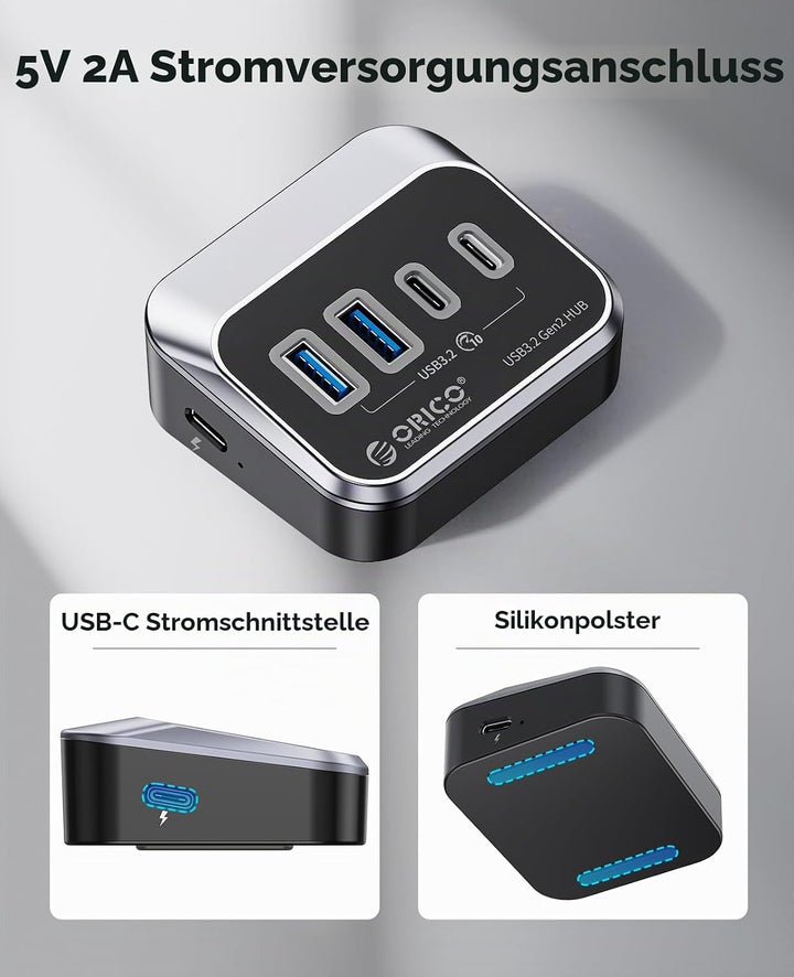 ORICO USB 3.2 Hub, USB 3.2 Gen 2 Hub mit 2 USB-A 3.2 Gen2 und 2 USB-C 3.2 Gen2, USB-Splitter kompati