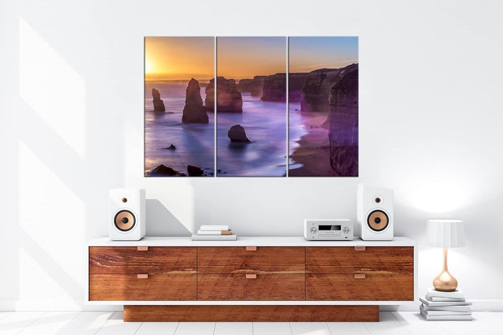 deyoli Atemberaubender Sandstrand im Sonnenuntergang Format: 3-teilig 120x80 als Leinwand, Motiv fer