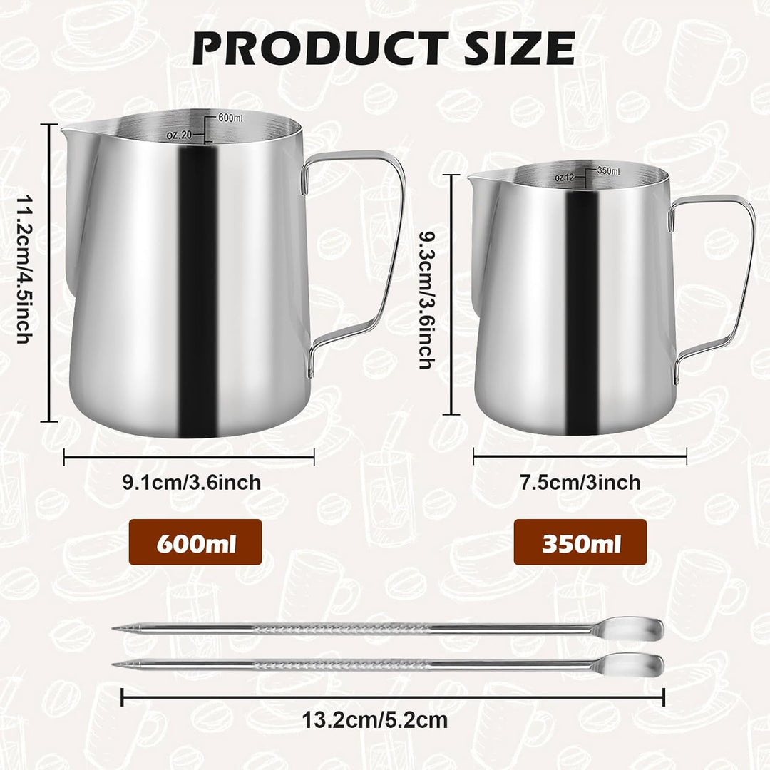 2 Stück Milchkännchen Edelstahl, Milchkanne Edelstahl 350ml & 600ml, Milchaufschäumer Kanne, Milchkä