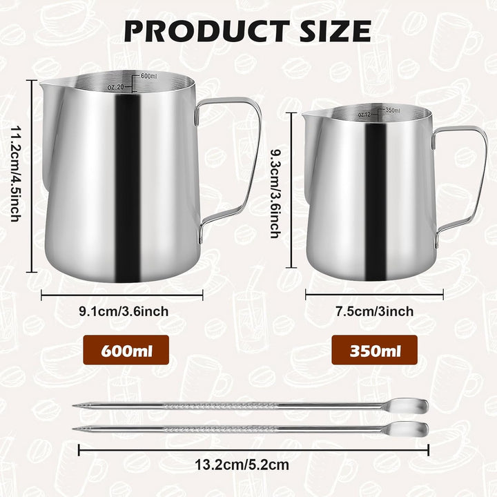 2 Stück Milchkännchen Edelstahl, Milchkanne Edelstahl 350ml & 600ml, Milchaufschäumer Kanne, Milchkä