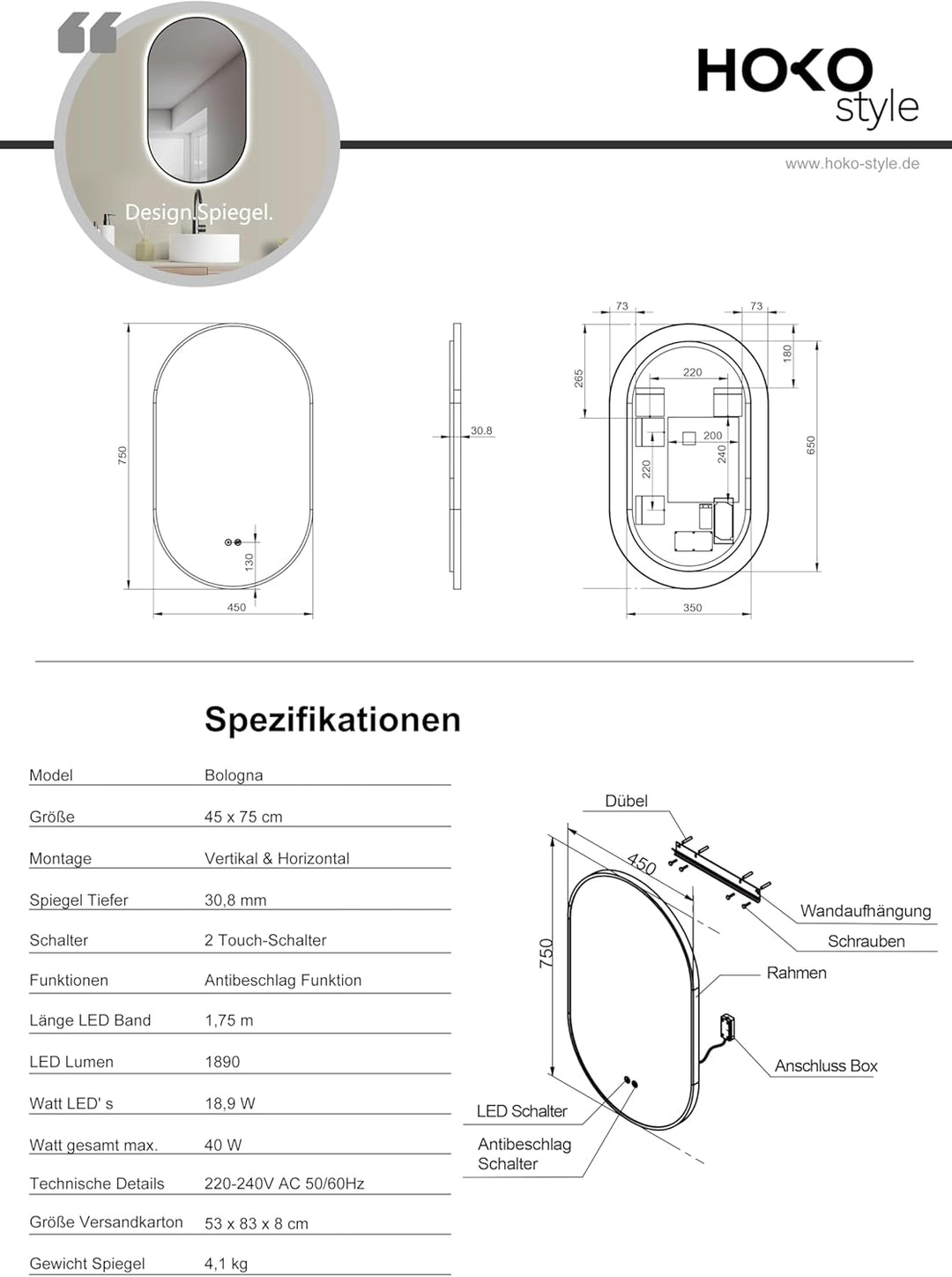 HOKO Design LED ANTIBESCHLAG Spiegel oval 45 x 75 cm + Metall Rahmen Schwarz. HOCH + QUER Montage. B