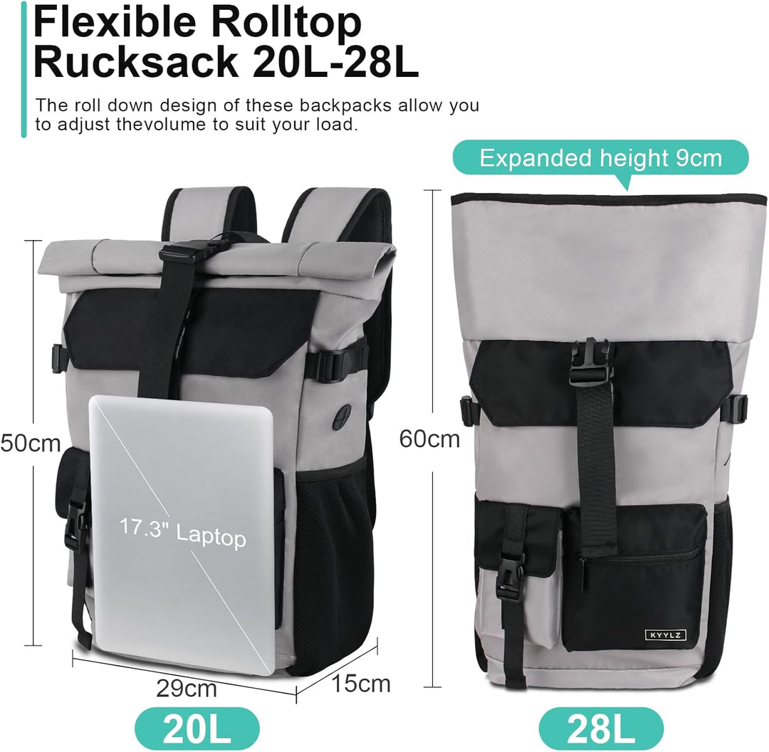Rucksack Damen,Rolltop Rucksack Herren,28L Gross Schulrucksack Rucksack Wasserdicht mit Laptopfach 1