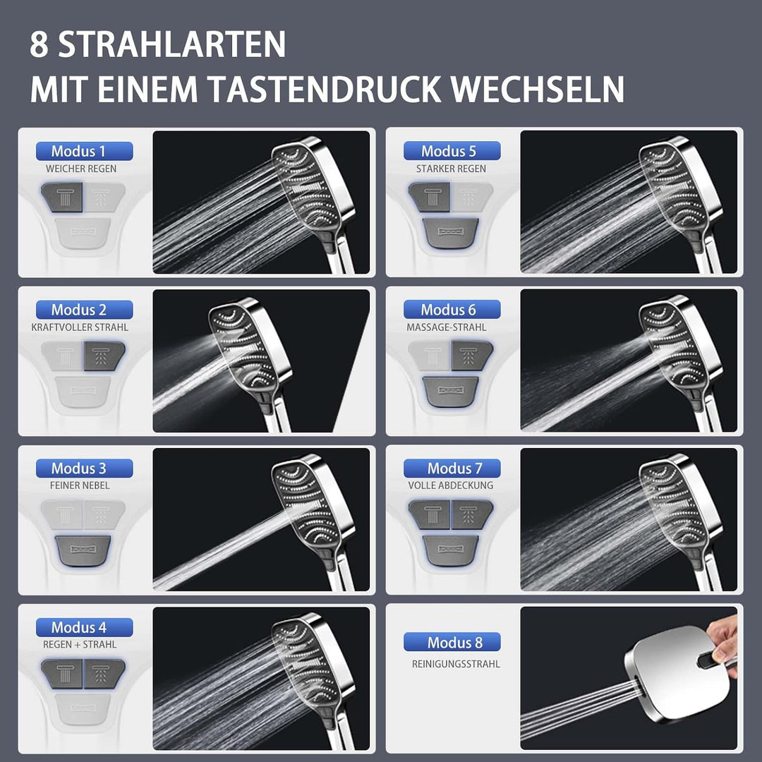 Verchromter Duschkopf mit Schlauch und Wandhalterung – 4-Tasten Handbrause mit 8 Strahlarten, Glänze